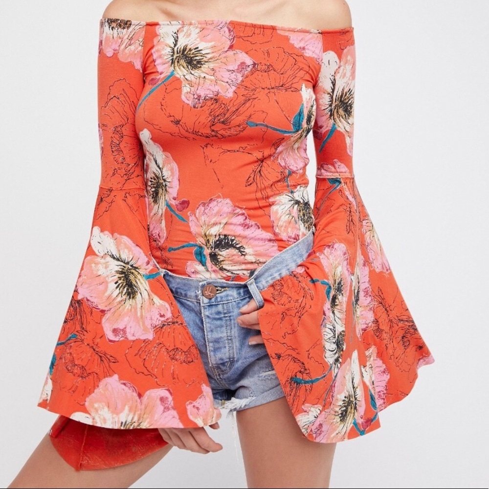 FREE PEOPLE orange/floral bell sleeve top